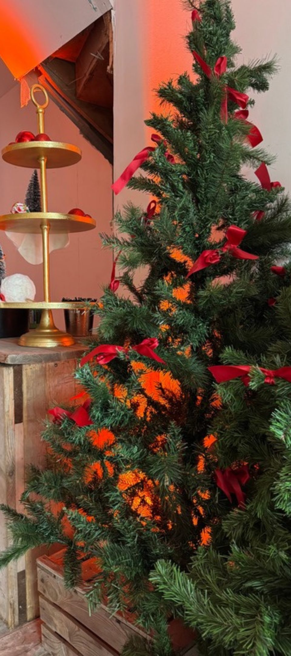Winterse decoratie met dennenboom en rode linten